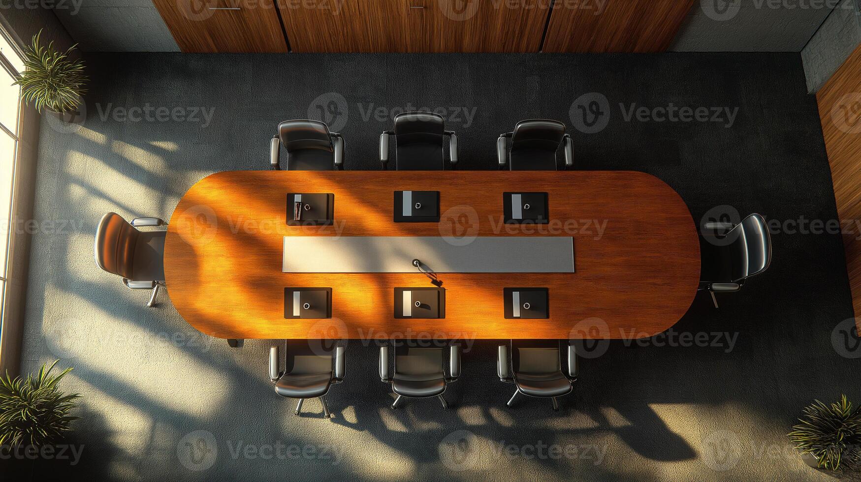 A large wooden table with a row of chairs in front of it photo