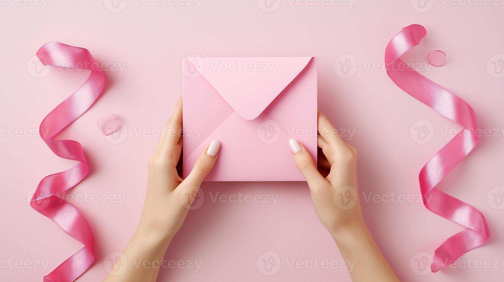 A woman holding a pink envelope with a ribbon on the table photo