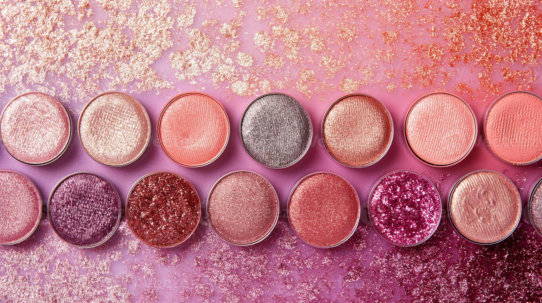 A row of makeup palettes with pink and silver colours photo