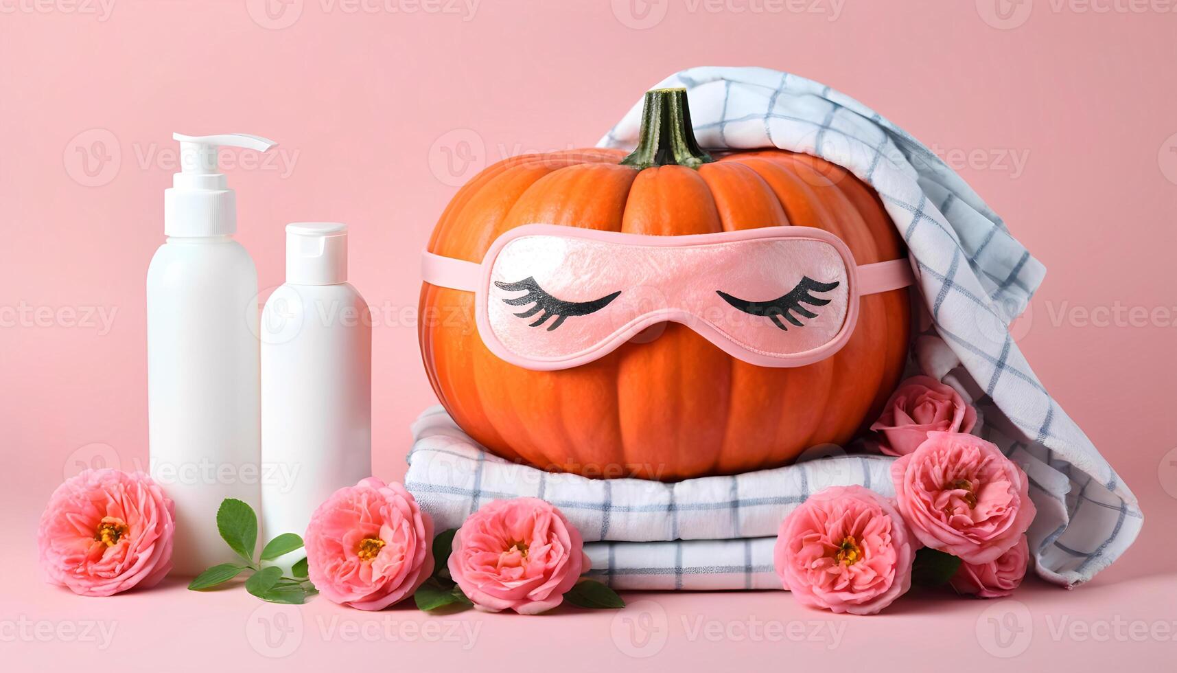 A pumpkin with a pink eye mask on it is surrounded by flowers and bottles photo