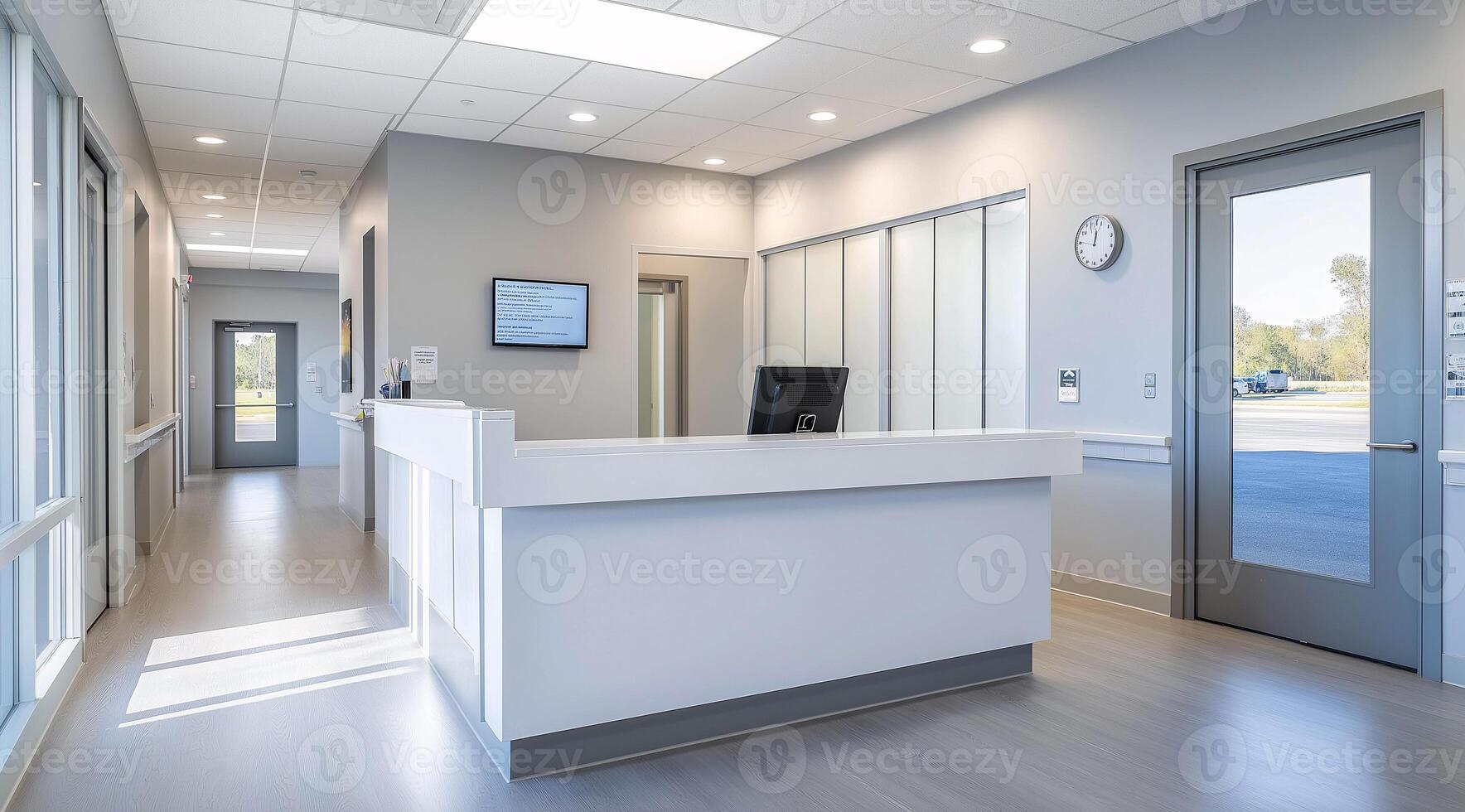 A long hallway with a reception desk and large windows photo