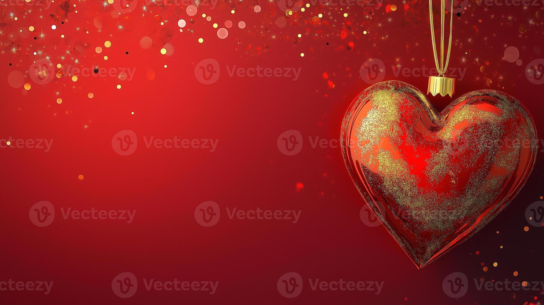 A red heart with gold glitter is hanging from a red background photo