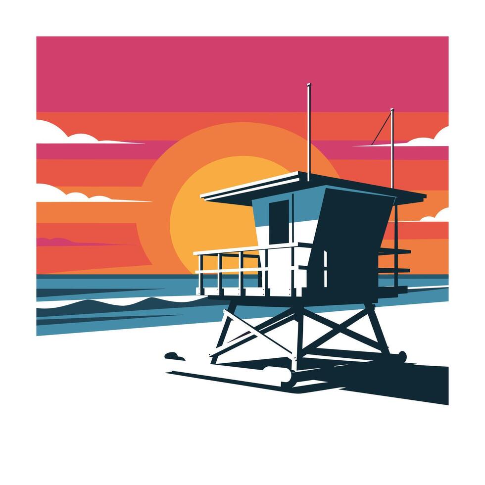 Sunset Beach Lifeguard Tower Vibrant Coastal Scene for Summer Designs vector