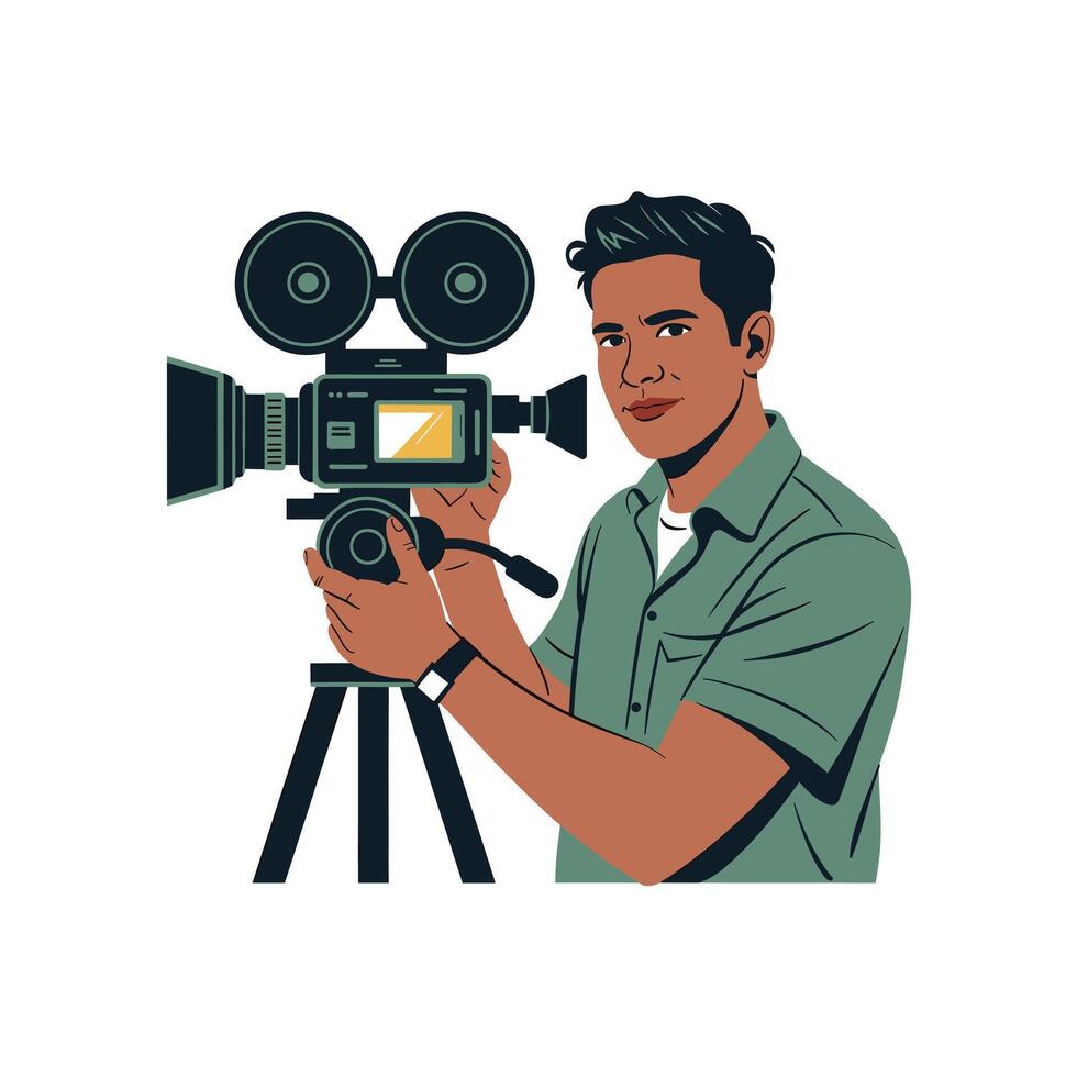 Filmmaker Holding Vintage Movie Camera on Tripod vector