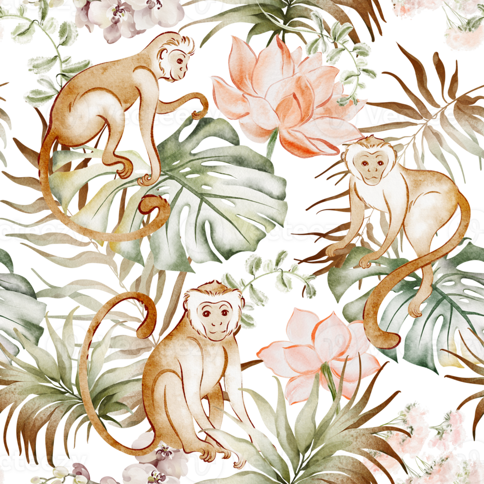 Seamless watercolor pattern with tropical jungle animals. Illustration of macaque monkeys and exotic plants like lotus palm and ginger. Perfect for fabric wallpaper and home decor. png