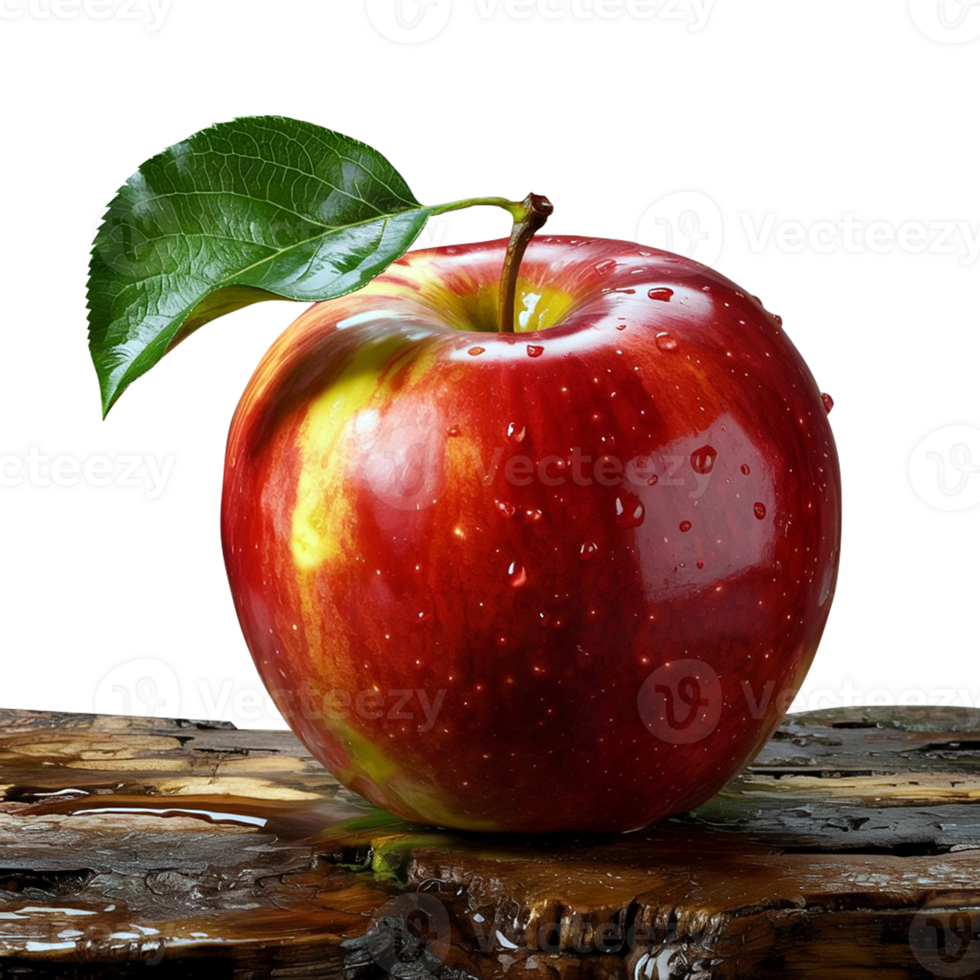 A shiny red apple with water droplets and a green leaf on a wet wooden surface with transparent background. png