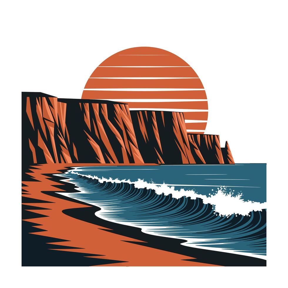 Ocean Cliff Sunset Landscape Beach Scene Illustration vector