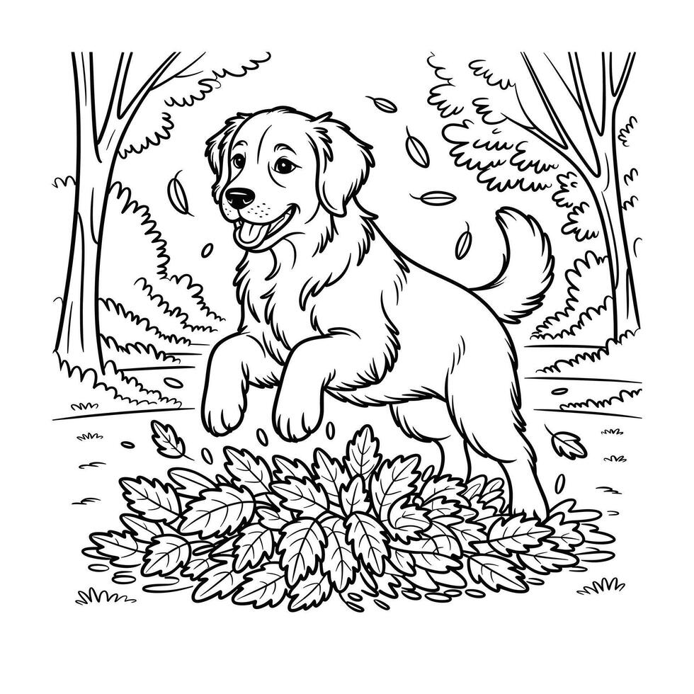Happy Golden Retriever Puppy Playing in Autumn Leaves Perfect for Fall themed Designs vector