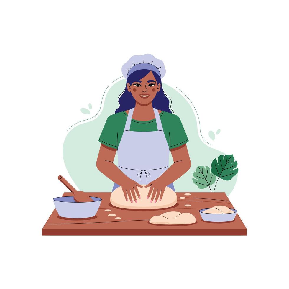 Woman Baker Kneading Dough Artisan Bread Making Cooking Illustration Bakery Scene Food Preparation vector
