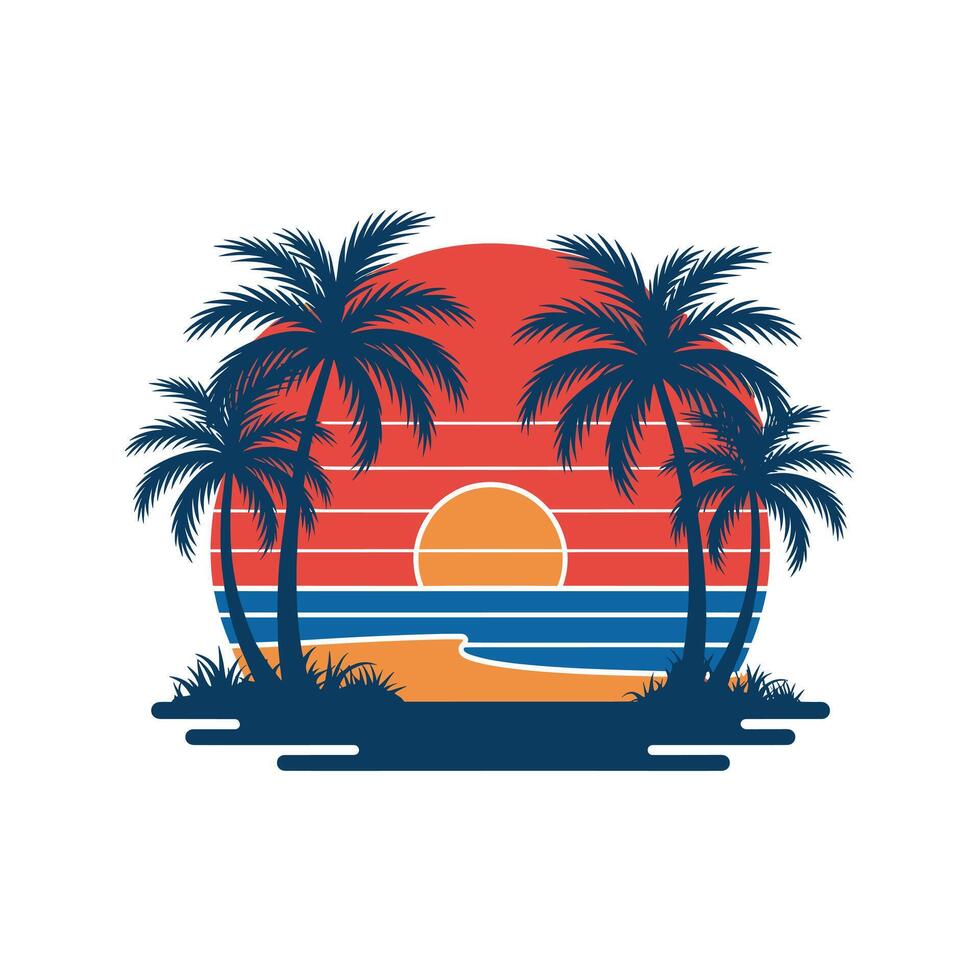 Sunset Beach Scene Palm Trees Tropical Summer Vacation Design vector