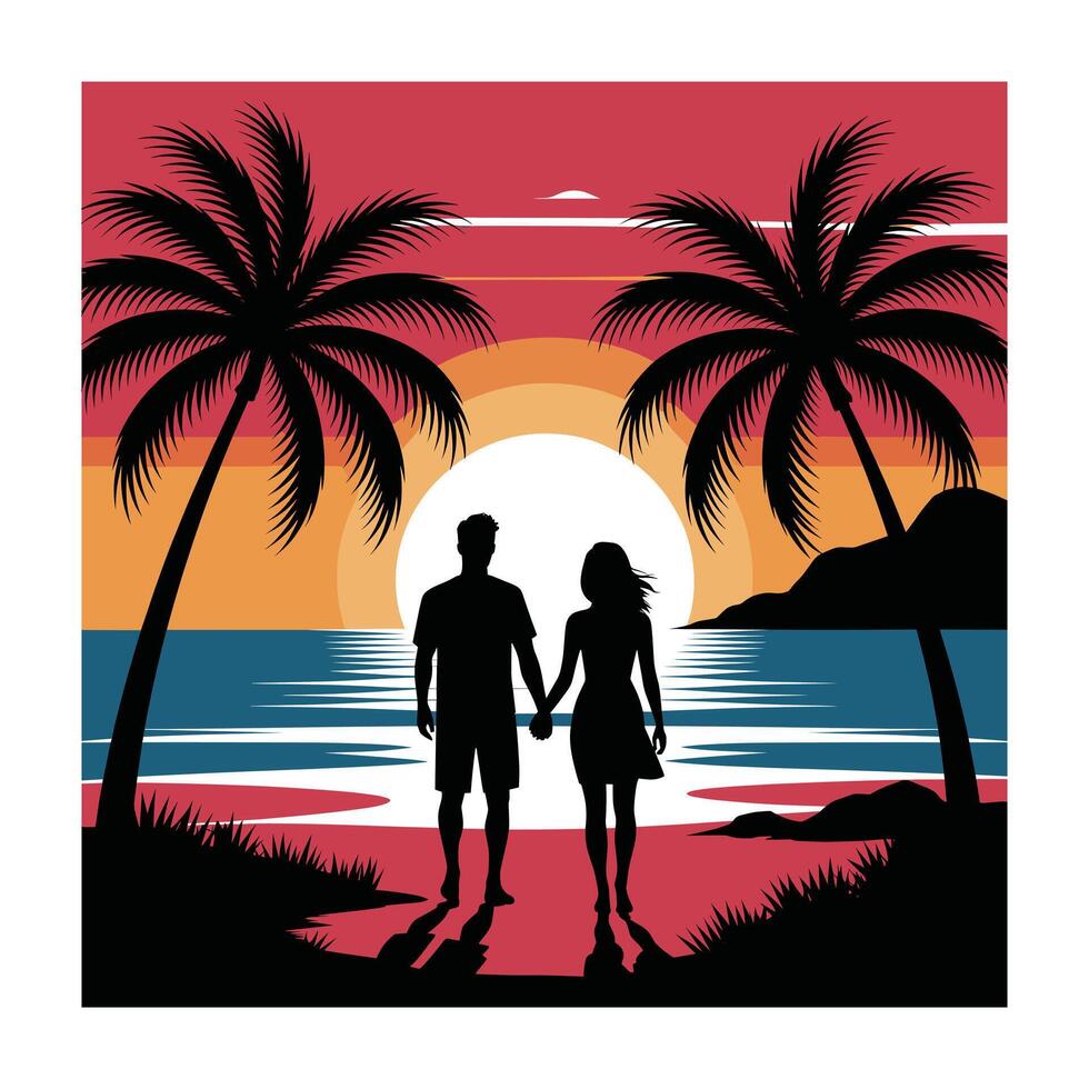 Romantic Couple Silhouette at Sunset Beach for Love Vacation and Travel Designs vector