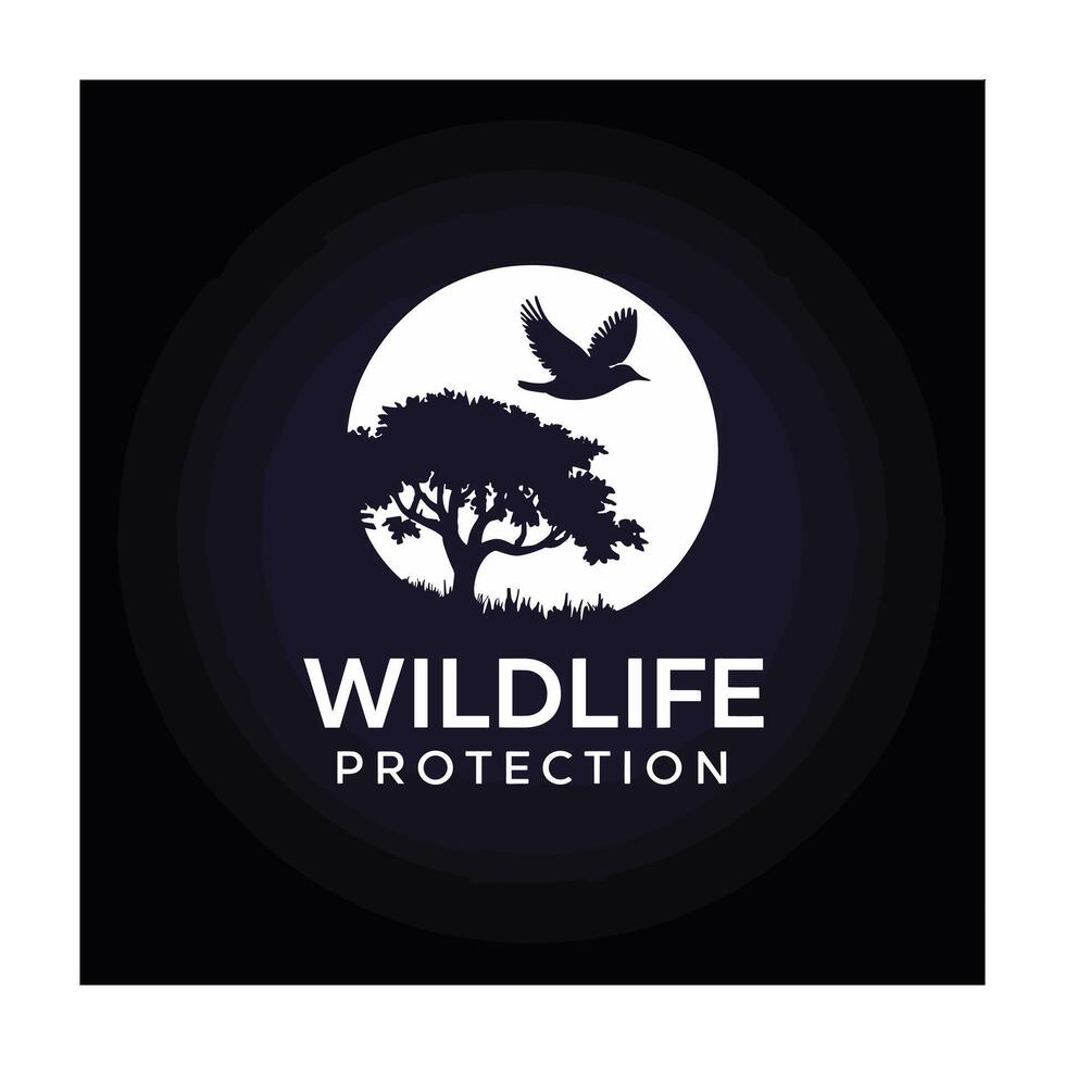 Wildlife Protection Logo Silhouette of Tree and Bird in Moon for Conservation and Nature Designs vector