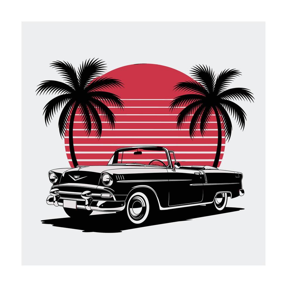 Classic Car Sunset Palm Tree Vintage Retro Illustration Design vector
