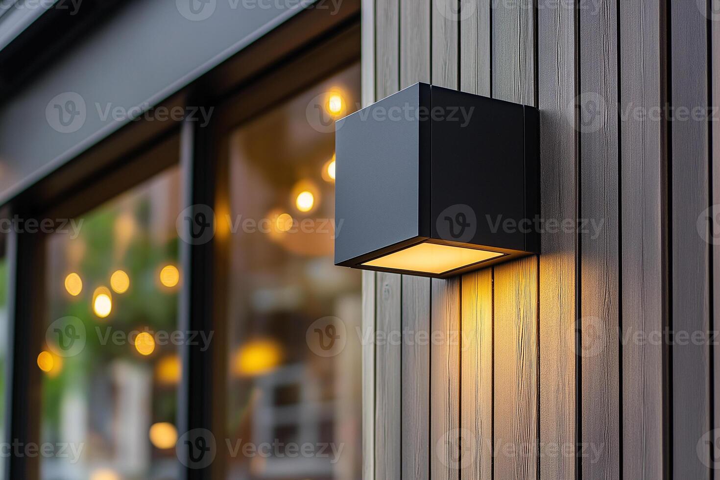 A black light fixture is mounted on a wooden wall photo