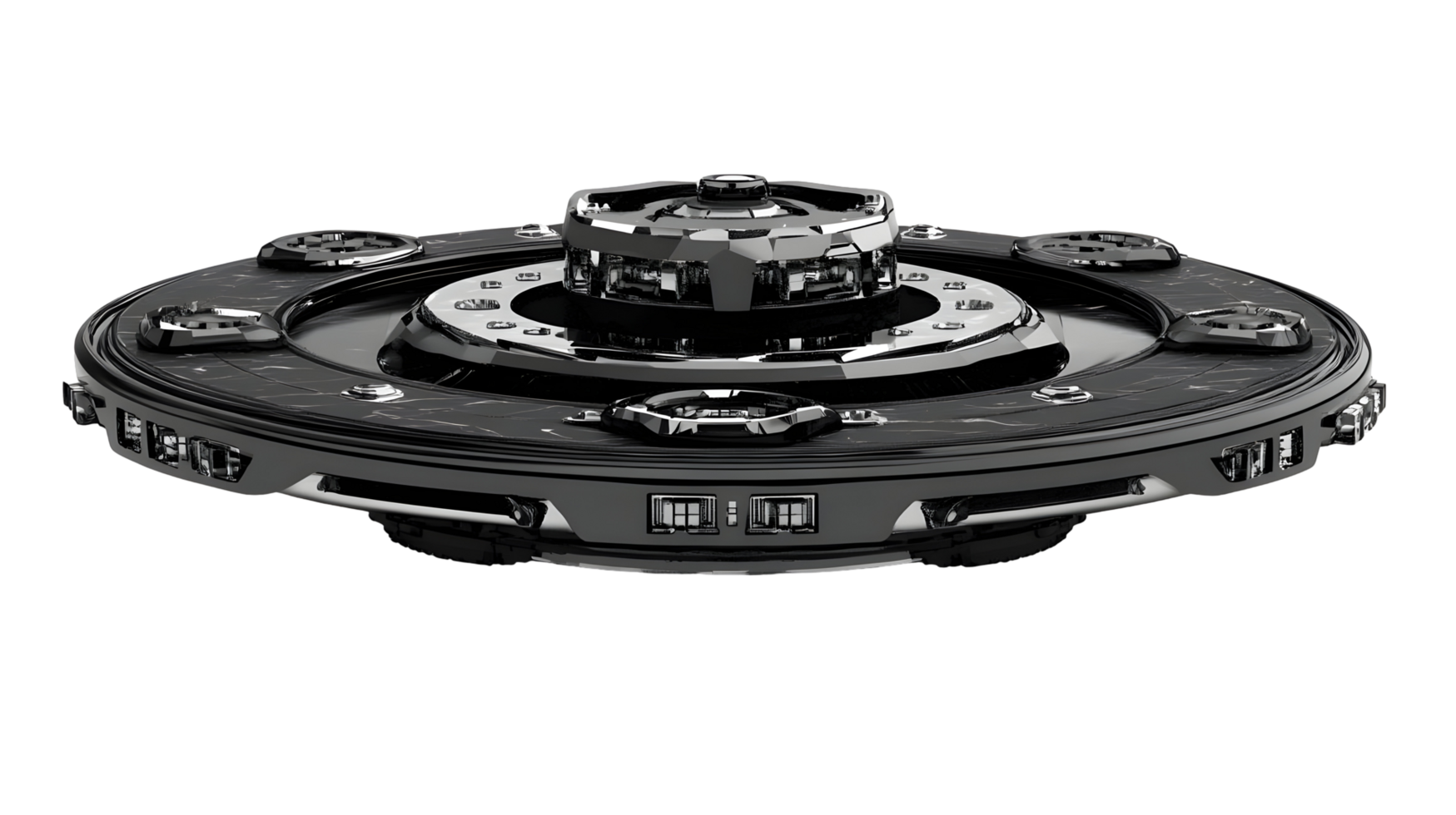 Futuristic, intricate, metallic, disc-shaped, space-age object. png