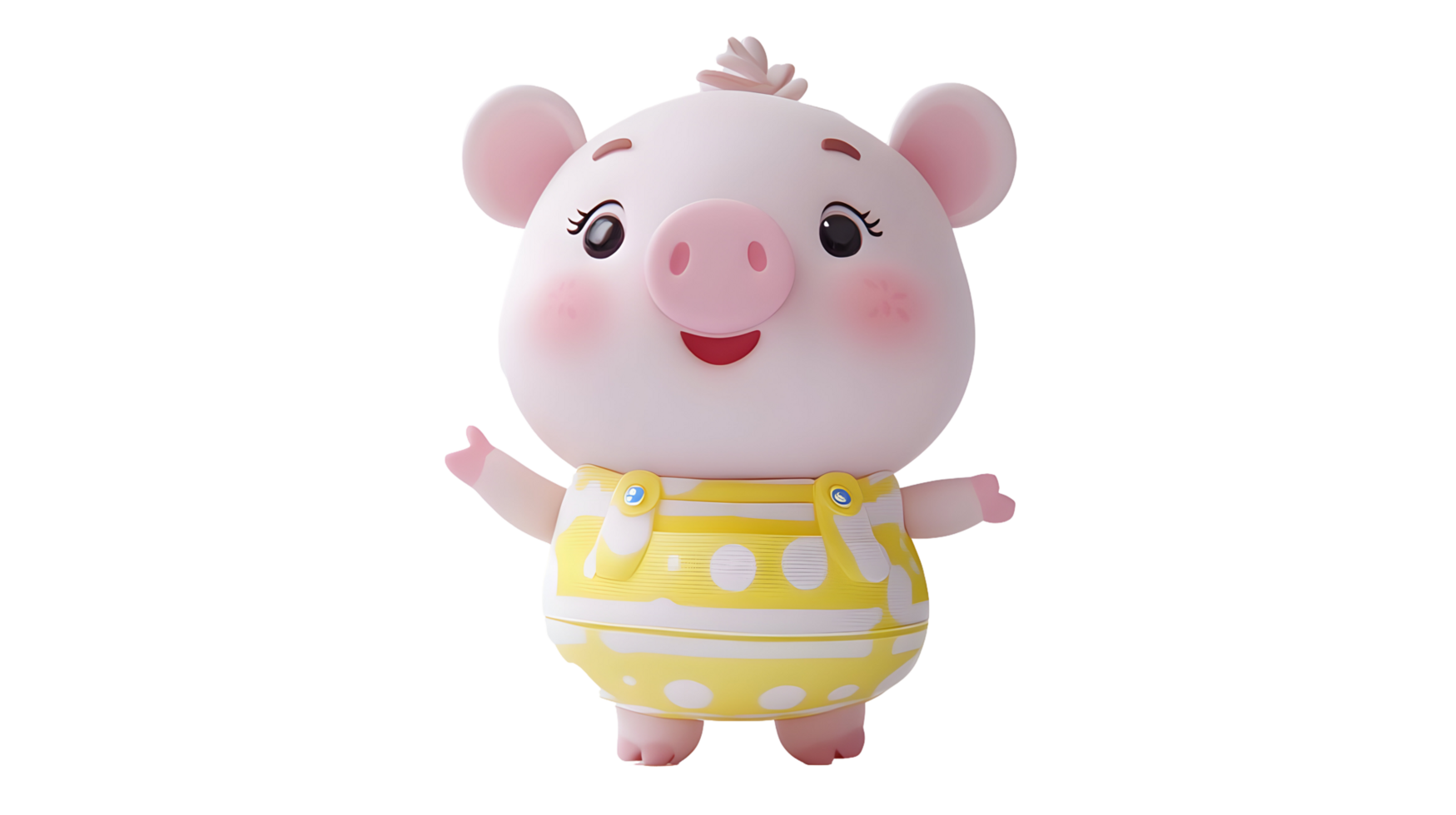 Animated, cheerful piglet figurine in yellow-dotted overalls. png