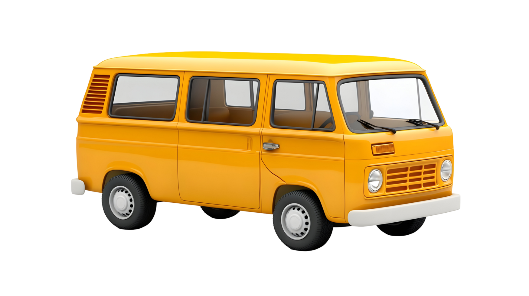 Vivid, three-dimensional illustration of a bright yellow minivan. png