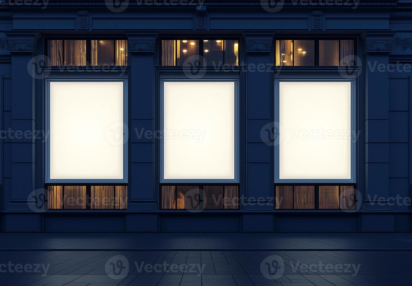 Three white signs are displayed on a building photo