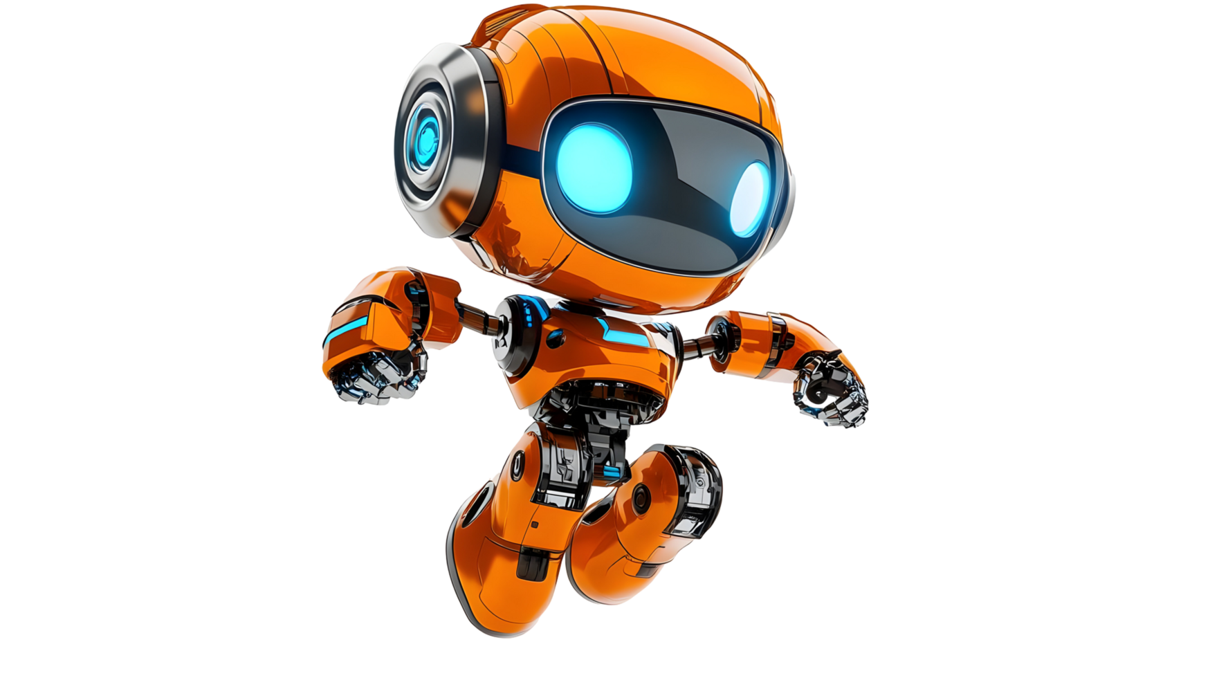 Energetic orange robot character in dynamic motion. png
