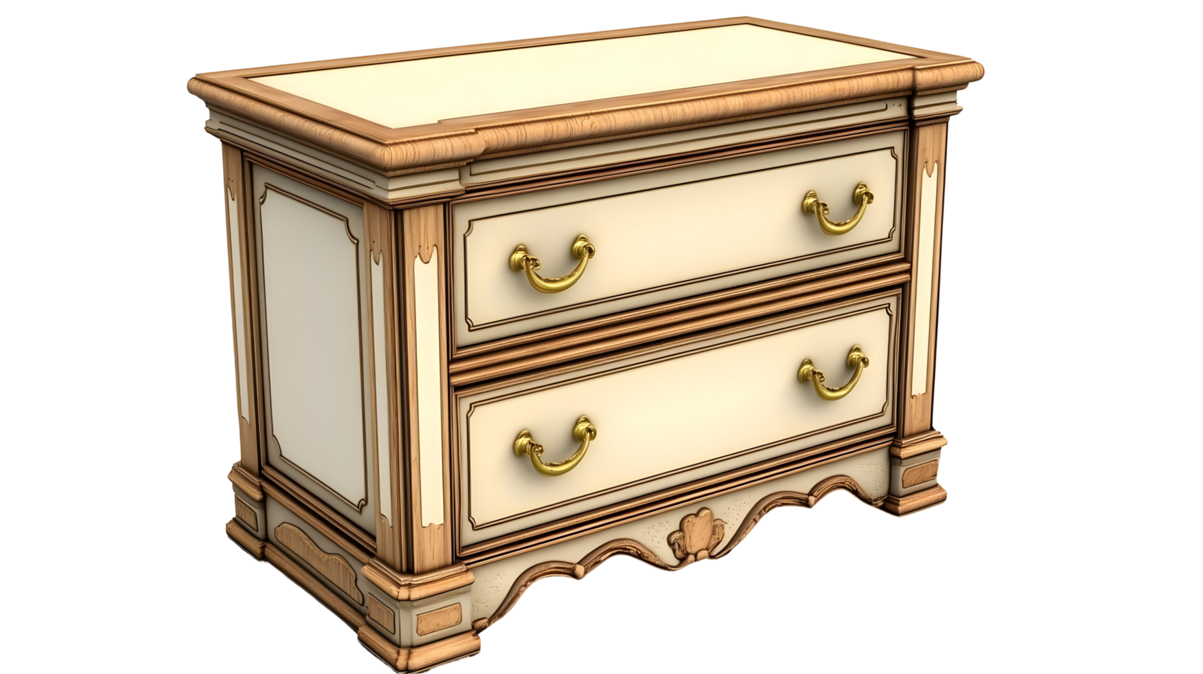 Ornate, two-drawer chest of drawers with decorative trim. png