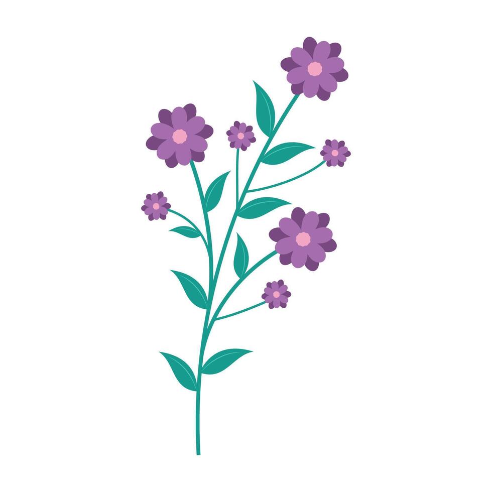 Cute and colorful simple flower with green leaves on a white background. Spring and Summer Season. vector
