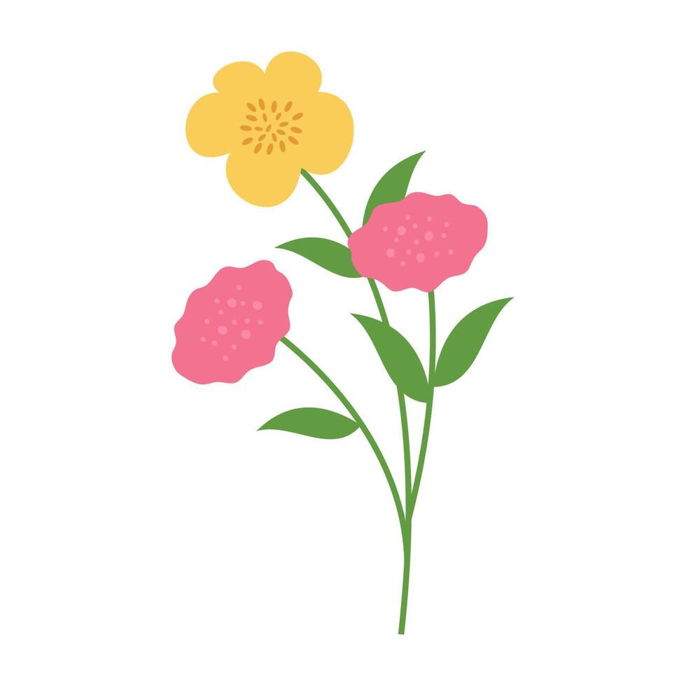 Simple and colorful flower illustrations with green stems and leaves. Spring and Summer Season. vector