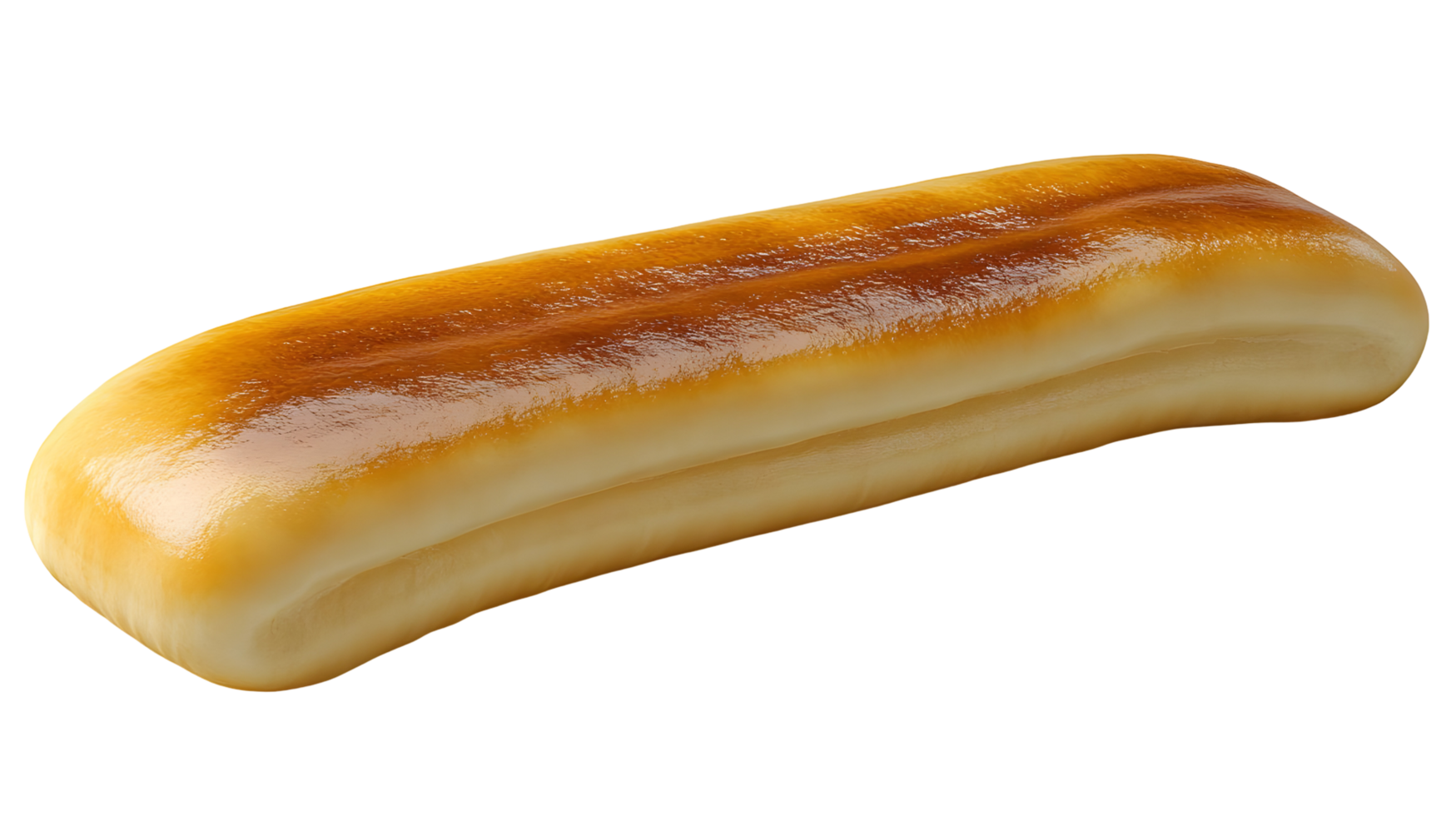 A golden, oblong baked bread roll rests in a wooden box. png