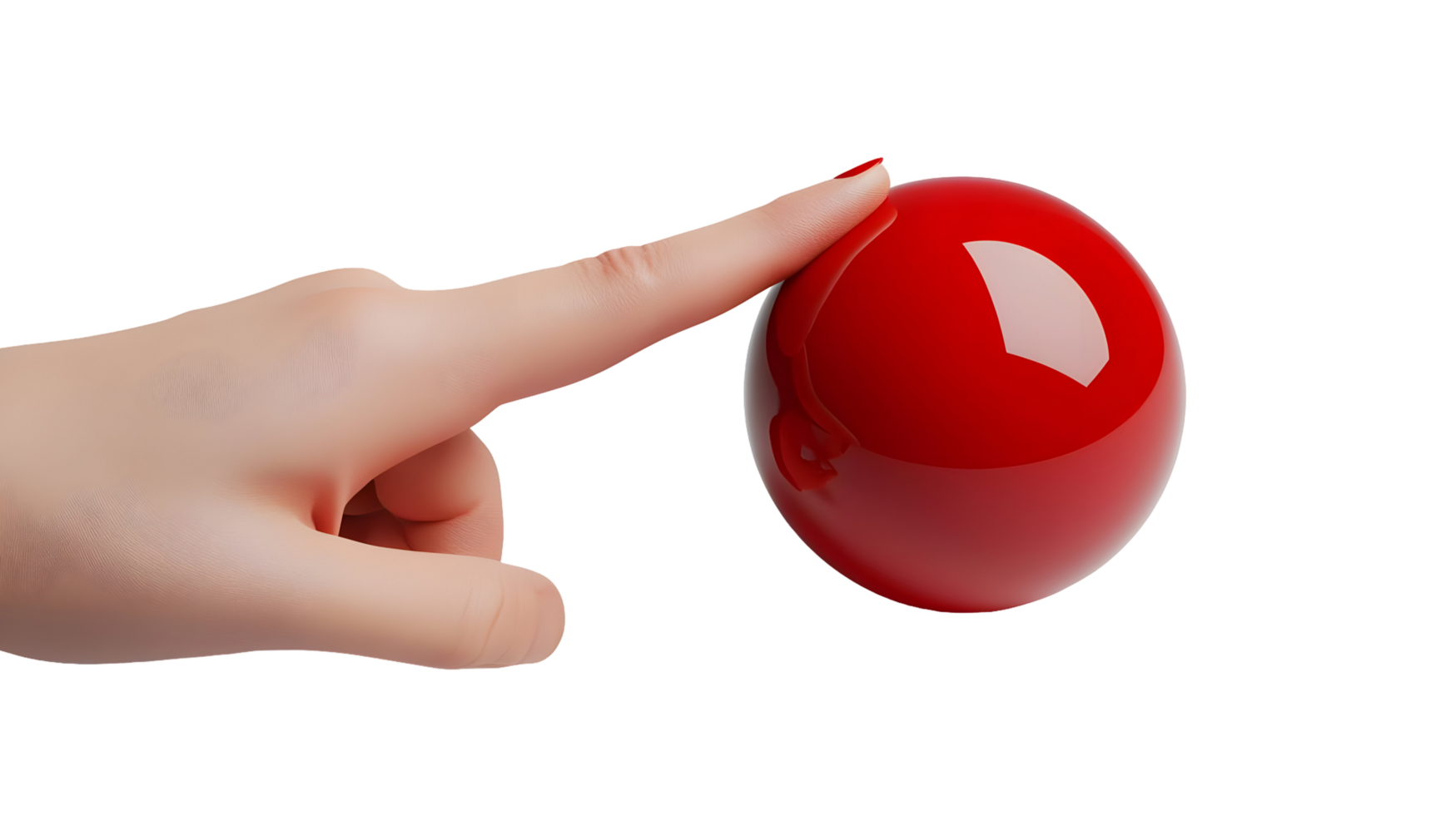 Close-up view of a hand touching a glossy red sphere. png