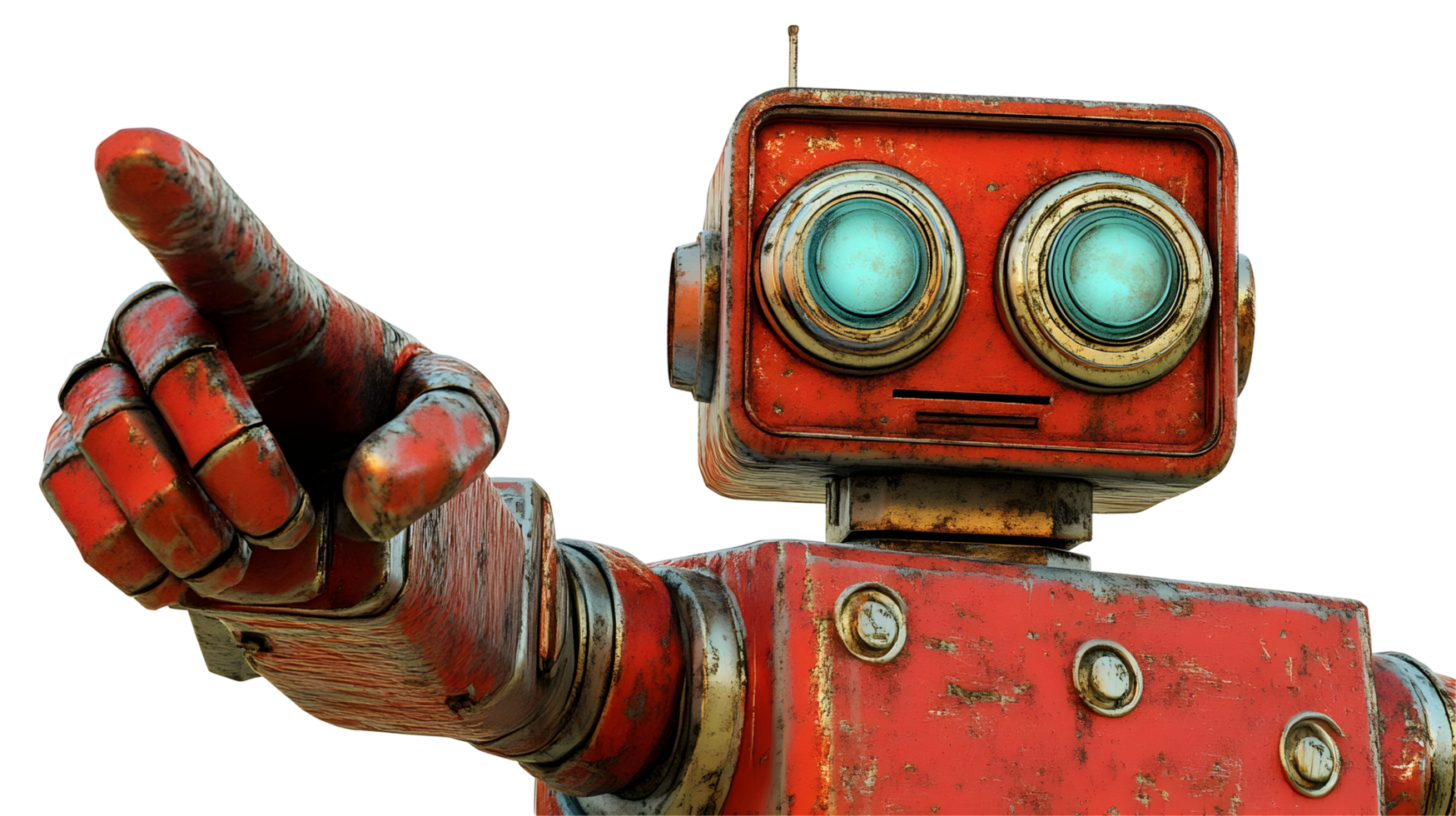 Rusty red robot figure directing with outstretched arm. png