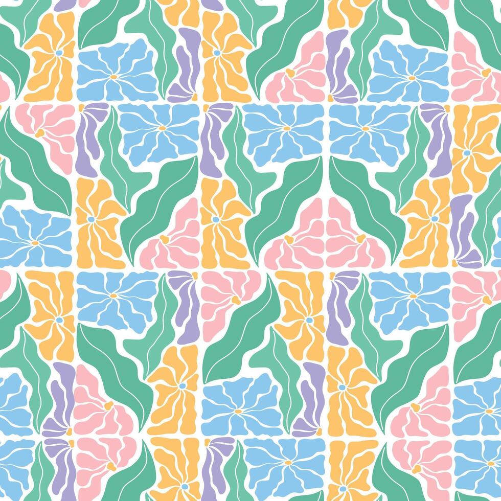 Abstract floral grid tiles seamless pattern with colorful leaves and flowers for wallpapers, textile prints, scrapbooking, stationery, wrapping paper, backgrounds, etc. EPS 10 vector