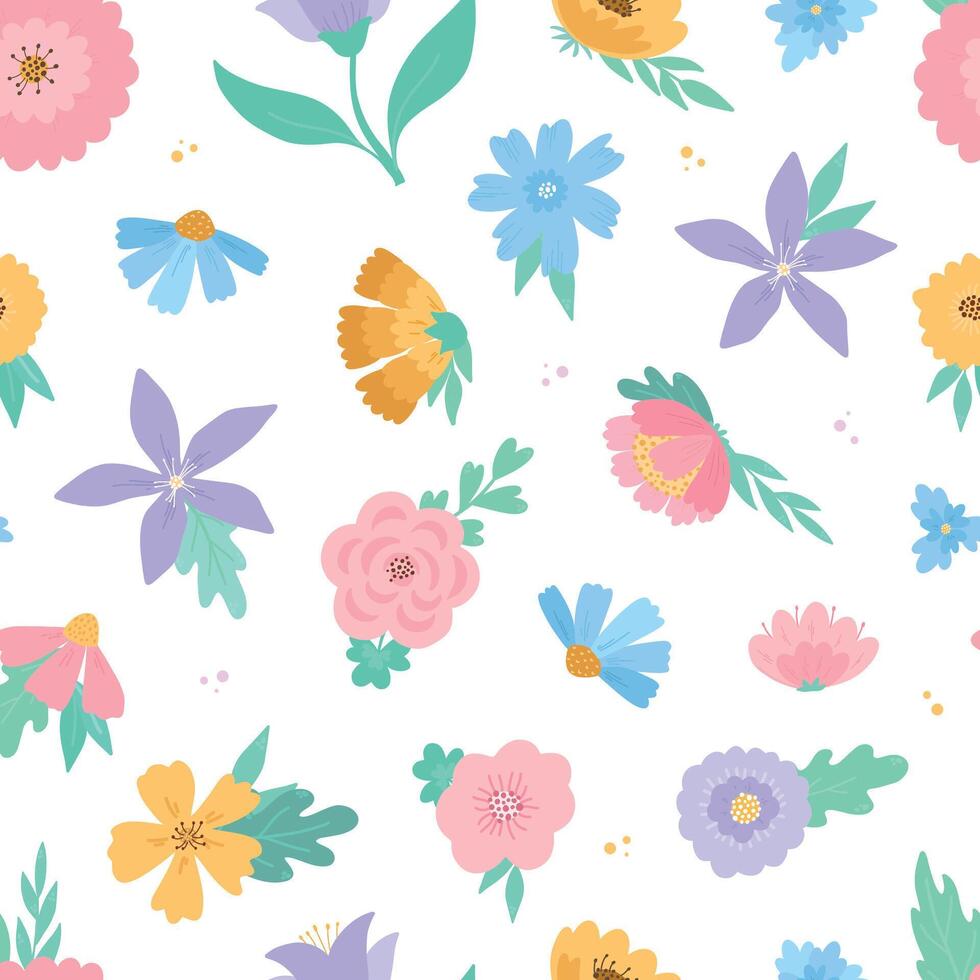 Floral seamless pattern with cartoon flowers and leaves for textile prints, wallpaper, backgrounds, wrapping paper, stationery, scrapbooking, etc. EPS 10 vector