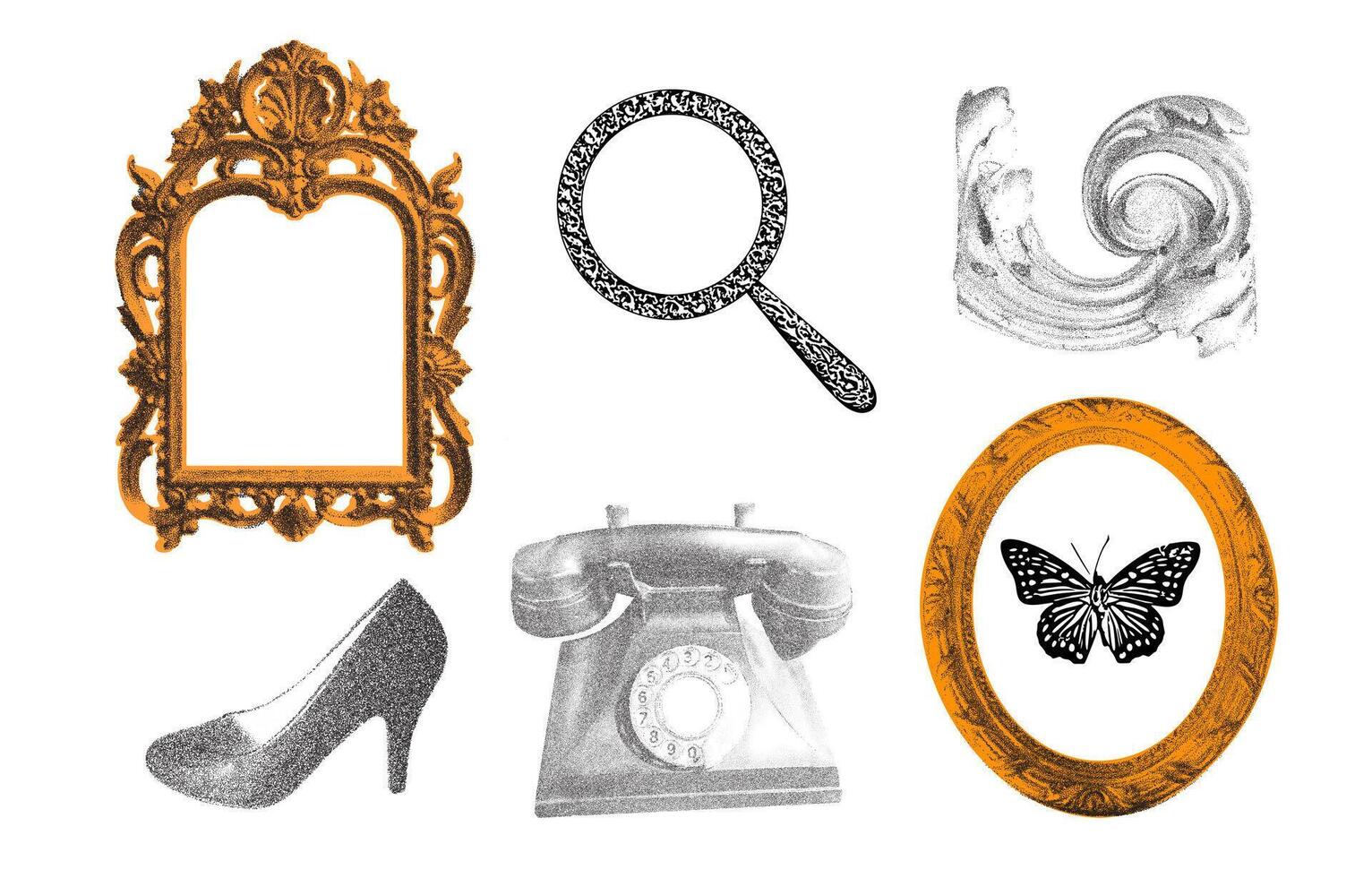 Vintage-Inspired Stipple Illustration Featuring Ornate Frames, Retro Telephone, High Heel etc. vector