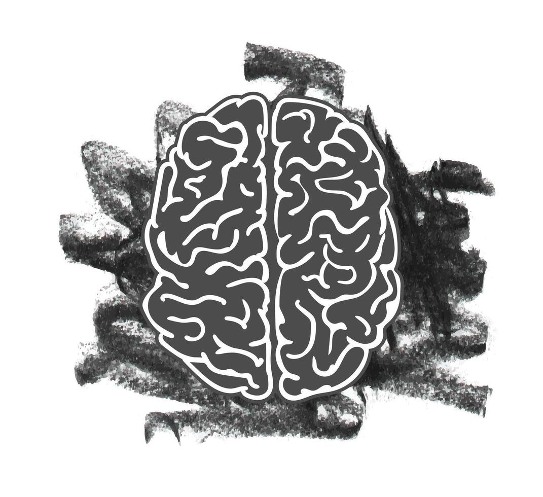 Charcoal Bold Illustration of a Human Brain Featuring Expressive Black Strokes and Textured Artistic Elements vector