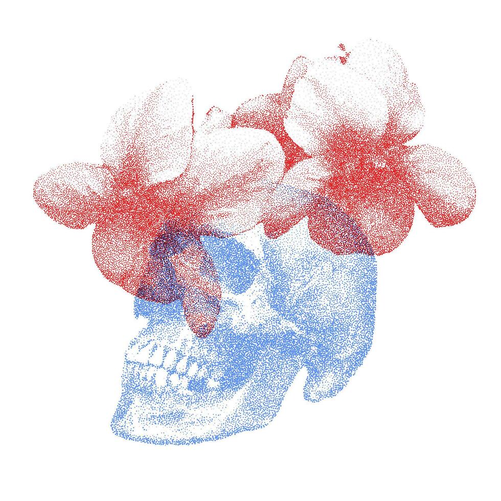 Risograph Print with Photocopy Effect Featuring a Skull and Flowers vector