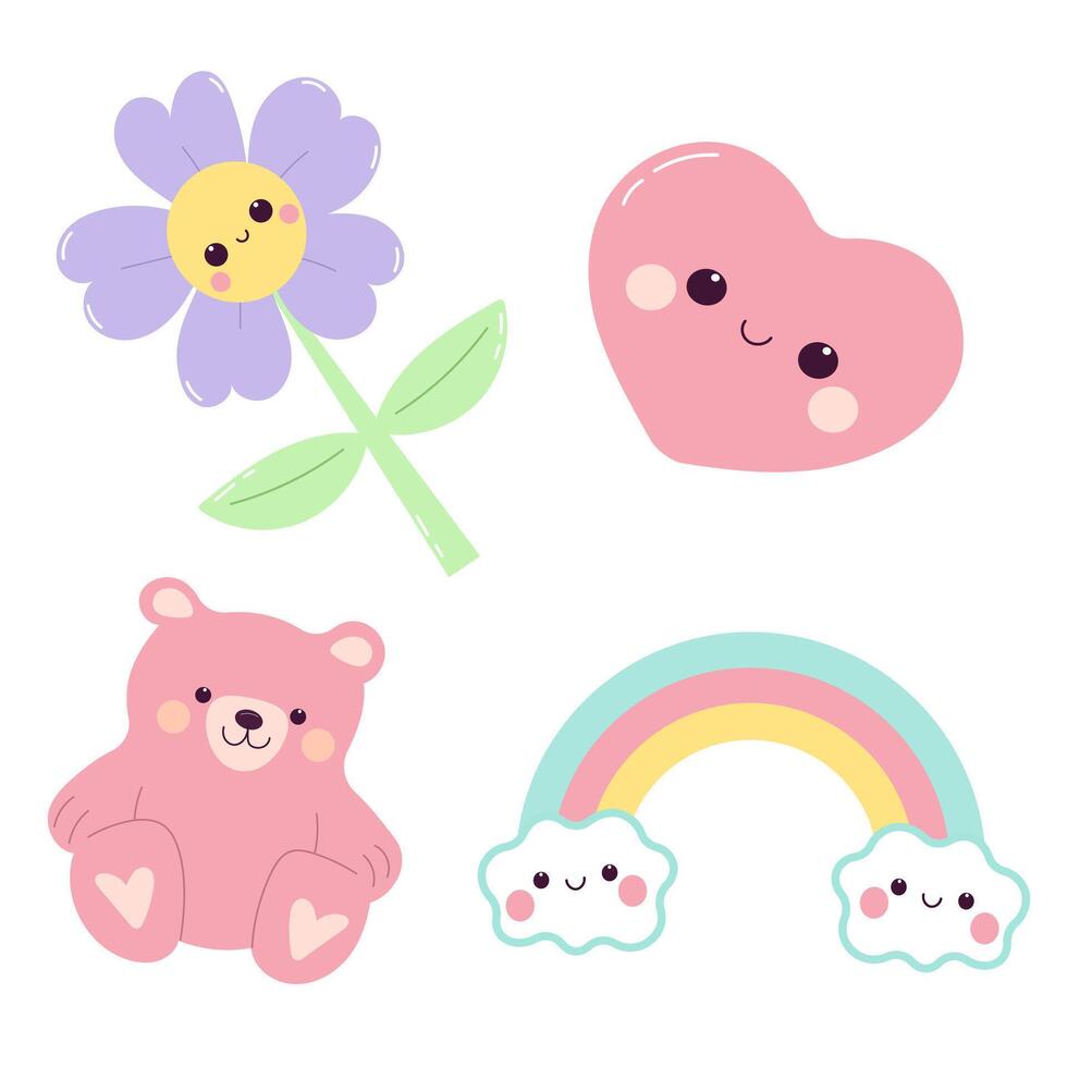 Cute set of kawaii elements. Teddy bear, rainbow, flower and heart. vector