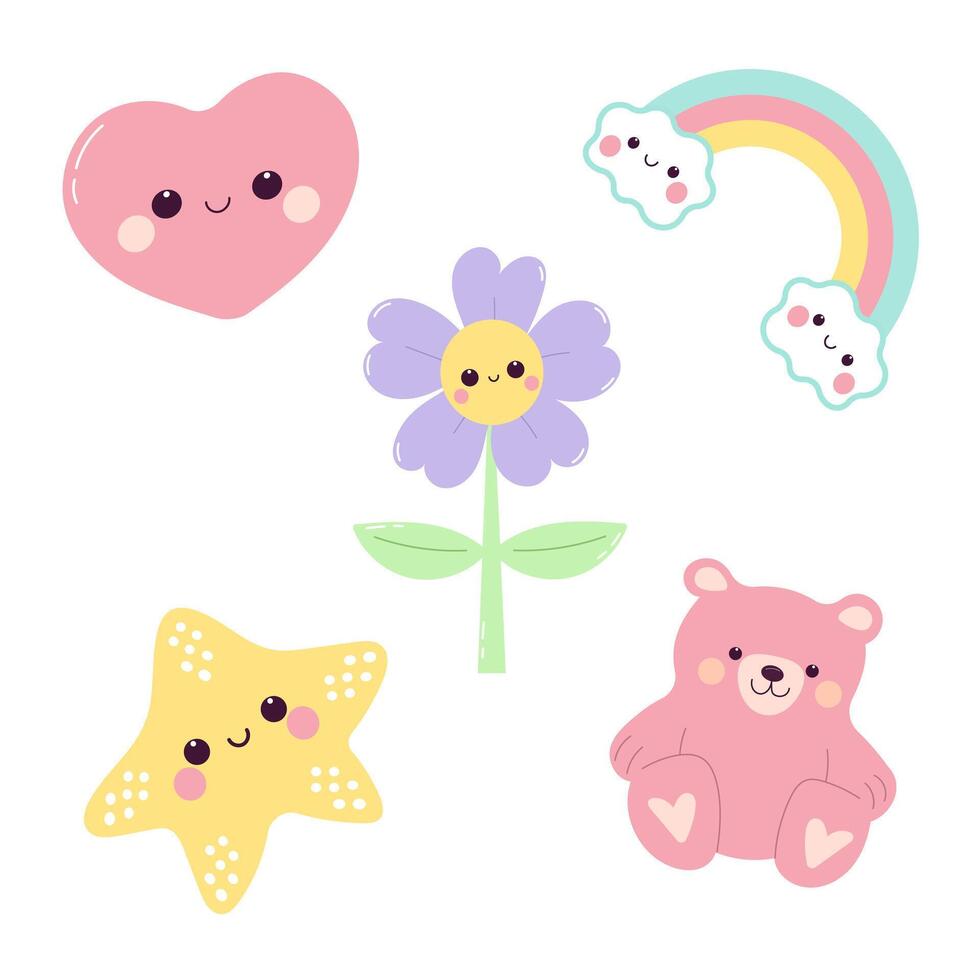 Cute kawaii set with rainbow, heart, teddy bear, flower and star. vector