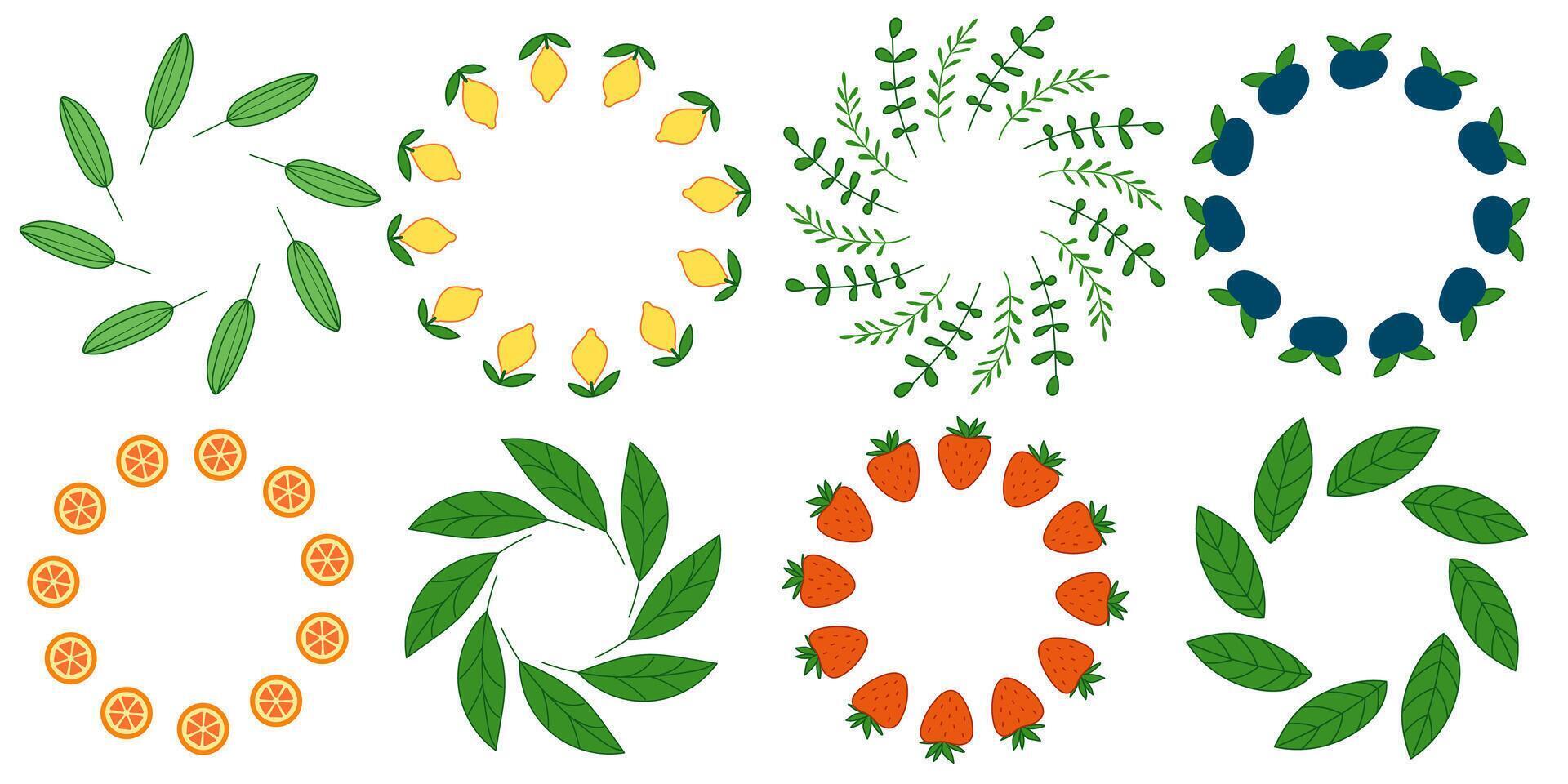 Set of round frames with fruits and leaves vector