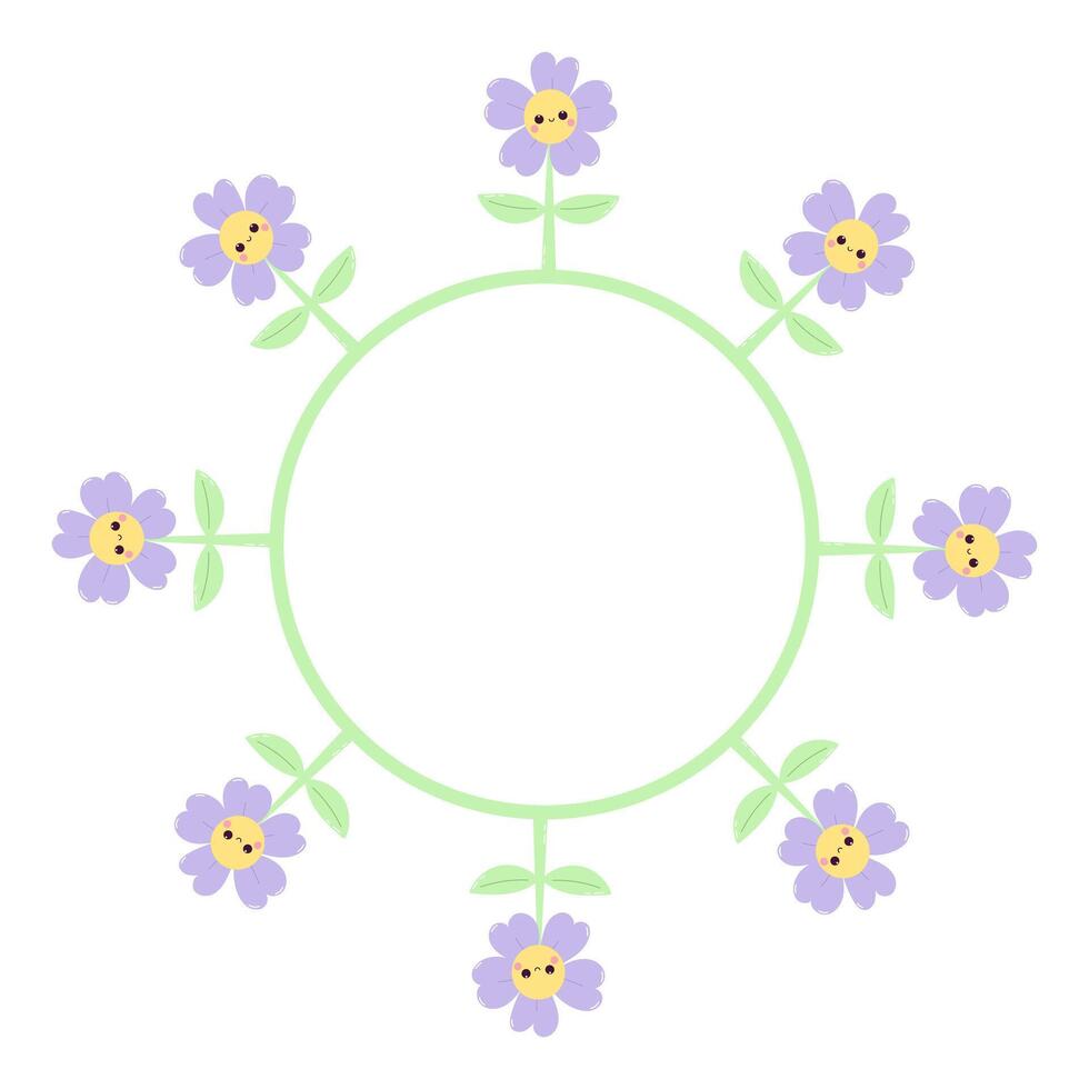 Round cute flower frame with kawaii face vector