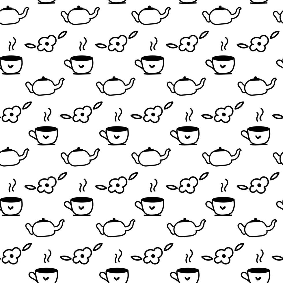 Seamless pattern with kettle and cup of tea. vector