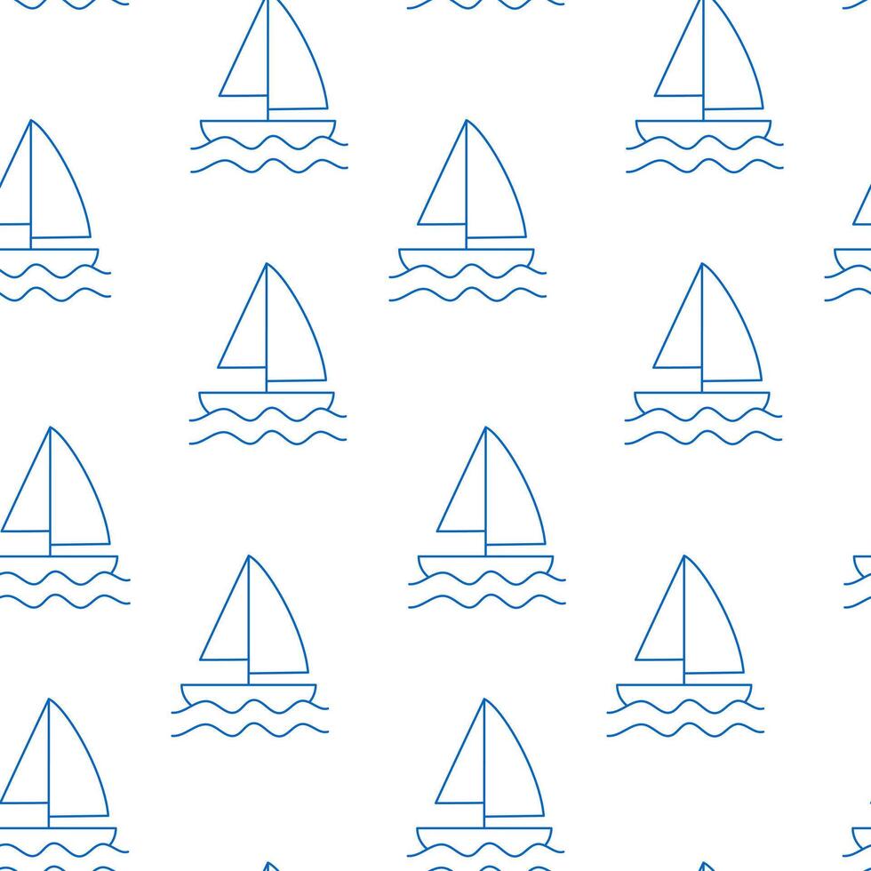 Blue yacht seamless pattern on white background. Doodle yacht vector
