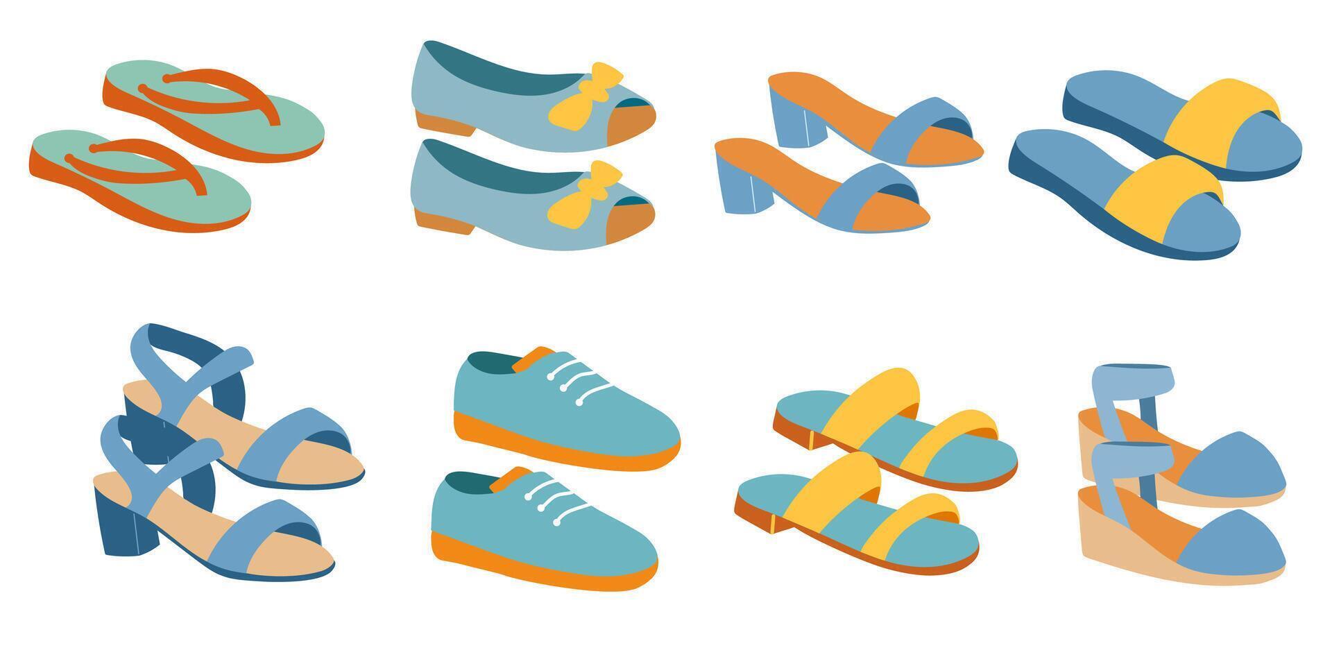 Blue summer shoes set on white background. Trendy shoes. vector