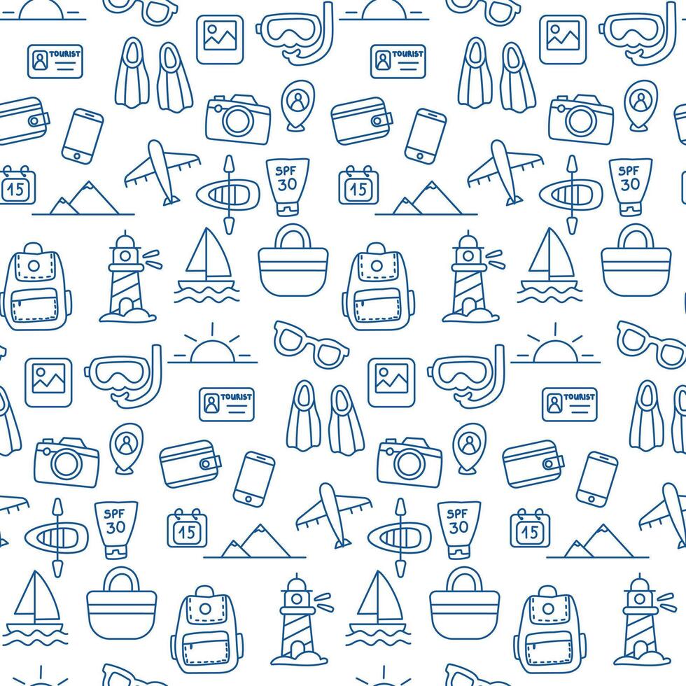 Travel outline seamless pattern in blue color. vector