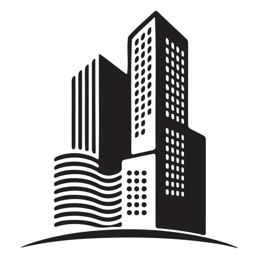 Modern City Skyline Icon, Black and White vector