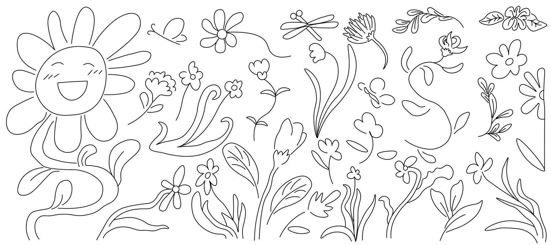 set of simple doodle line plants and insects vector