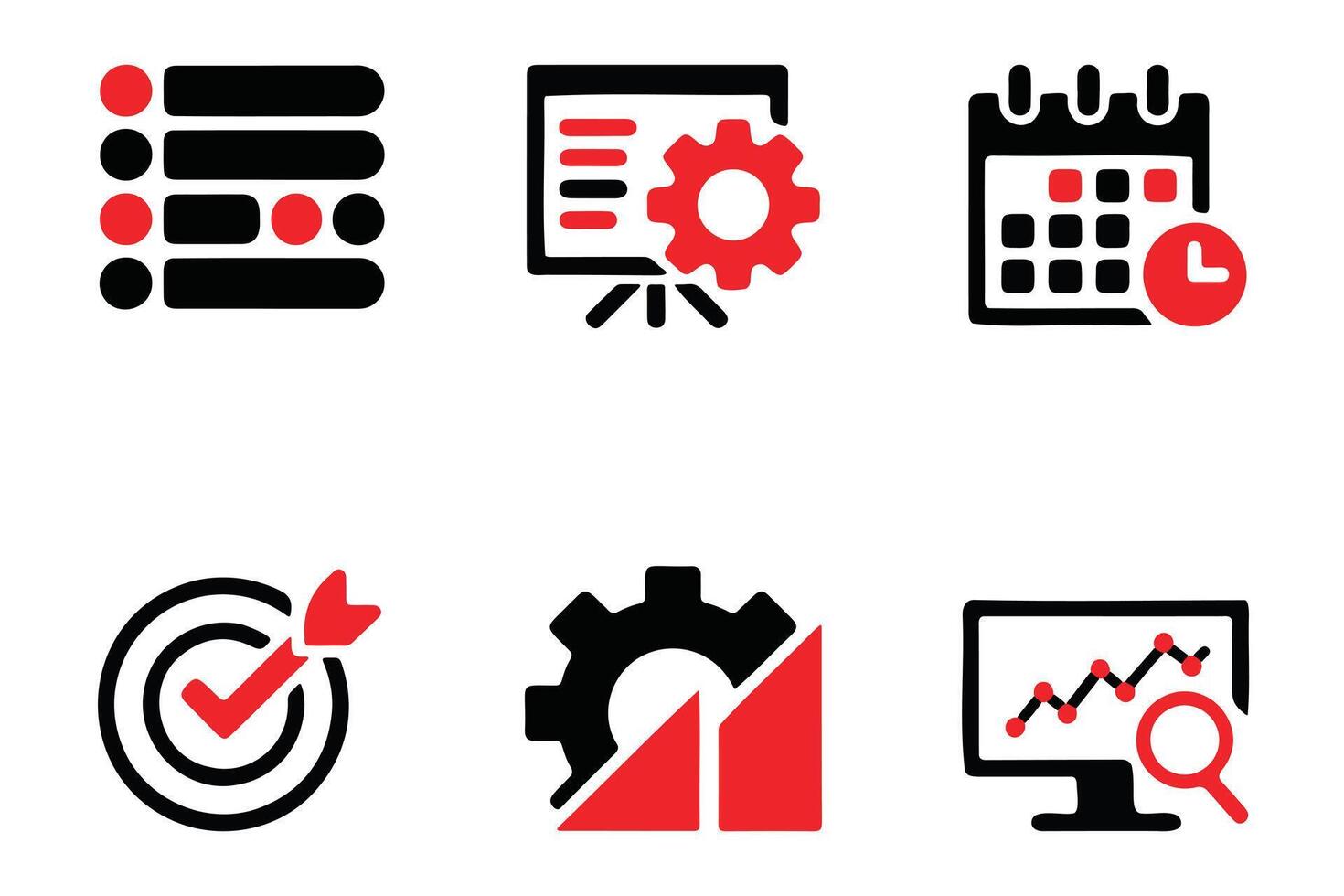Collection of business management icons with red accents vector