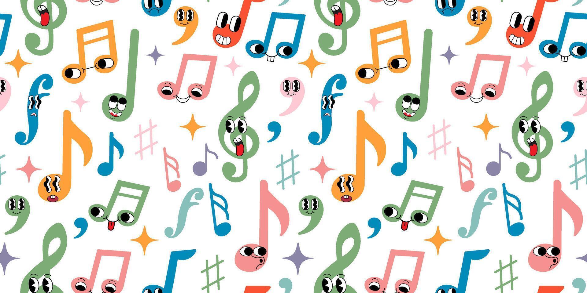 seamless pattern with groovy characters as musical notations vector