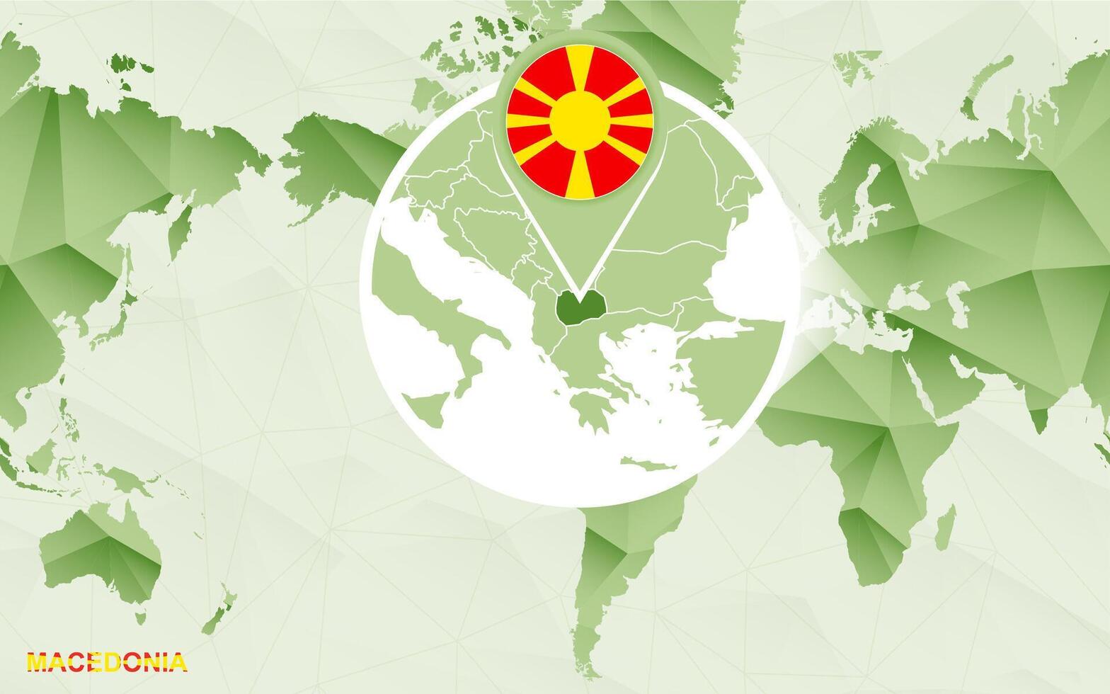 America centric world map with magnified Macedonia map. vector