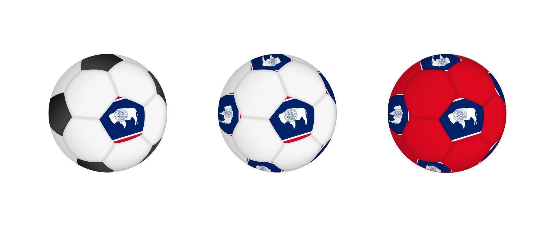 Collection football ball with the Wyoming flag. Soccer equipment mockup with flag in three distinct configurations. vector