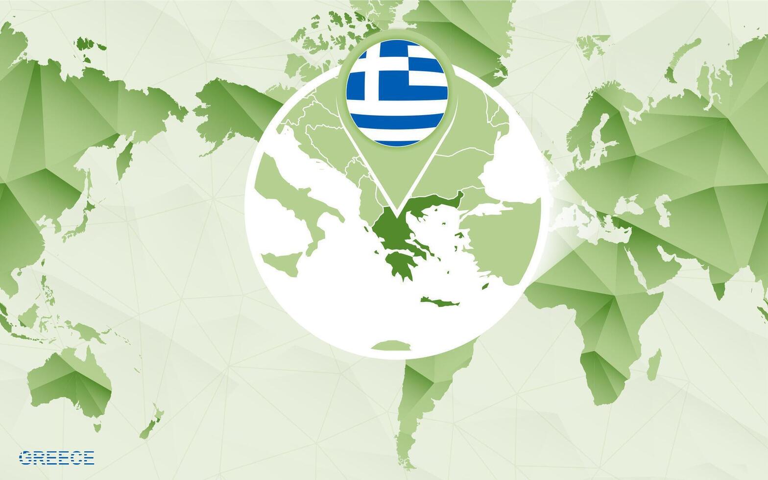 America centric world map with magnified Greece map. vector