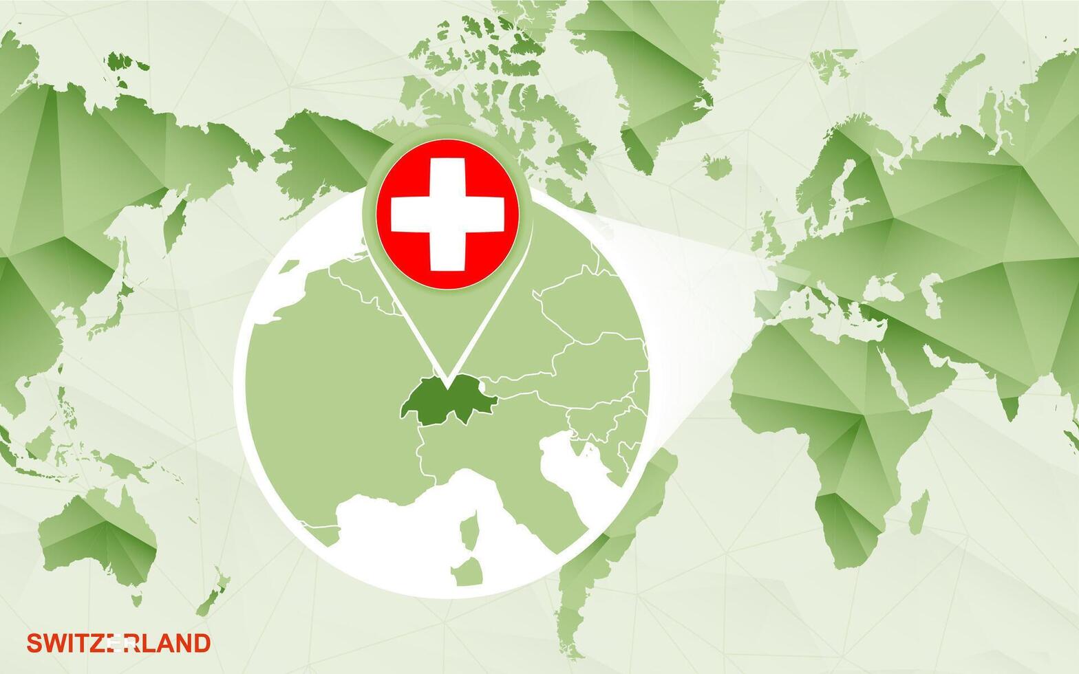 America centric world map with magnified Switzerland map. vector